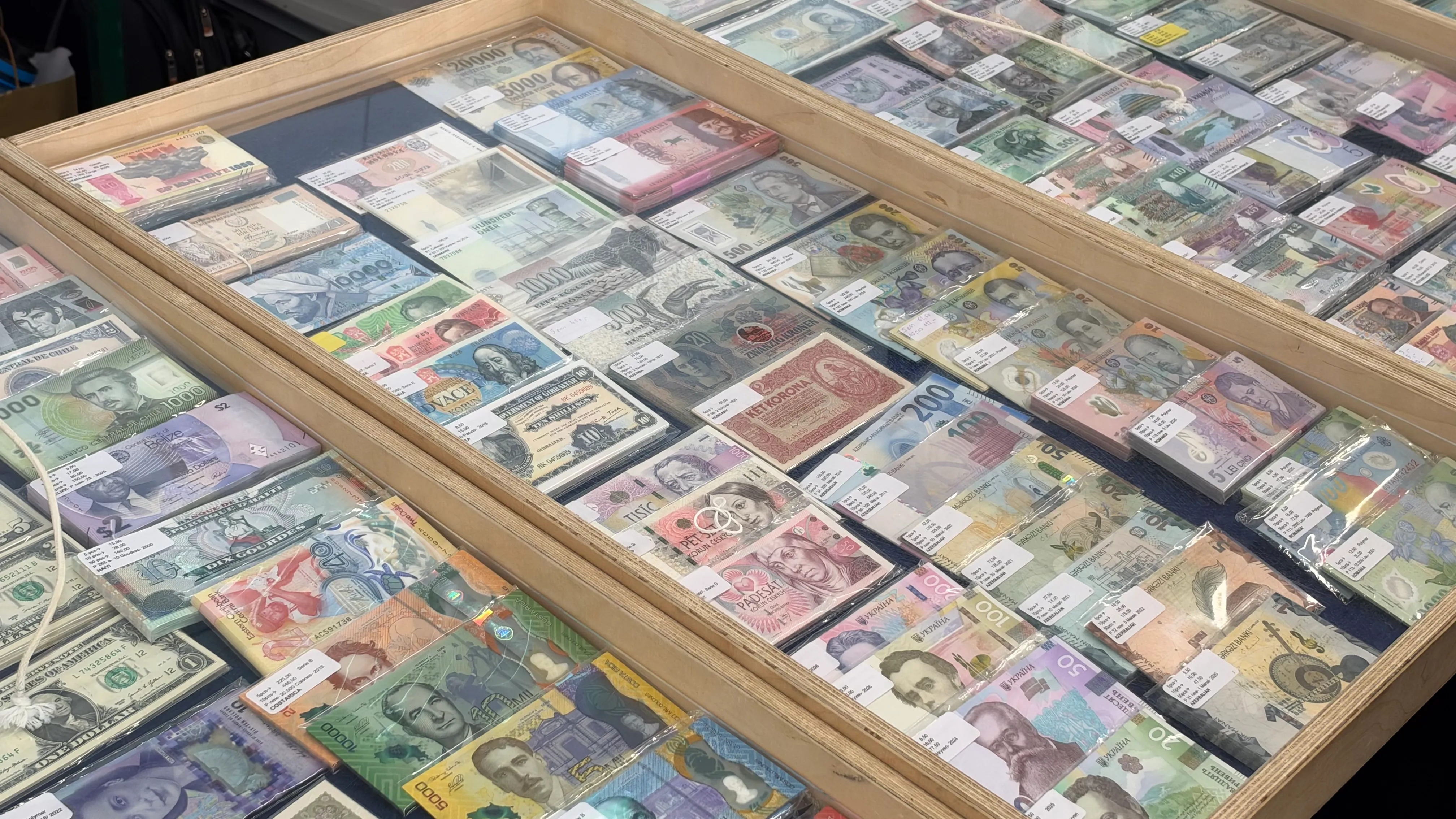 Wooden display cases filled with banknotes from around the world